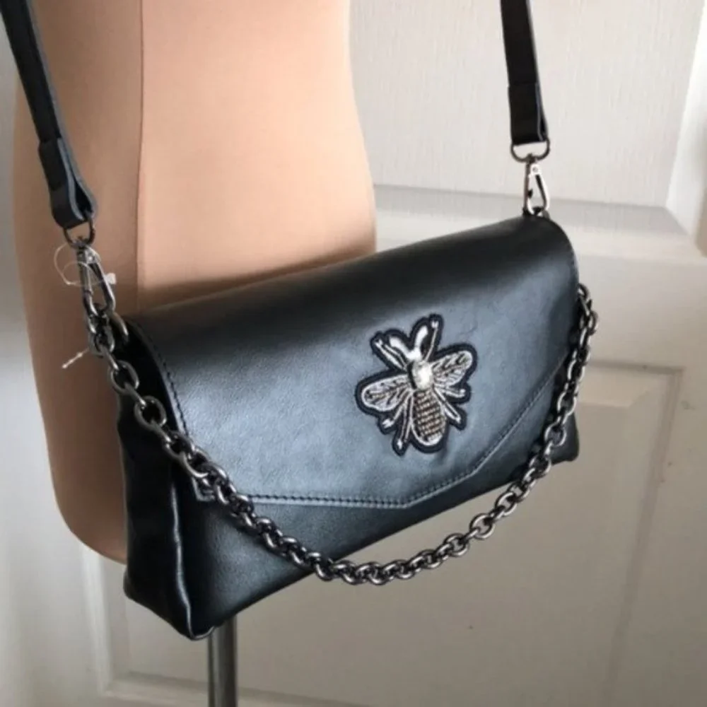 House of Harlow 1960 Gen Leather Crossbody Handbag Black Italy Bee Accent